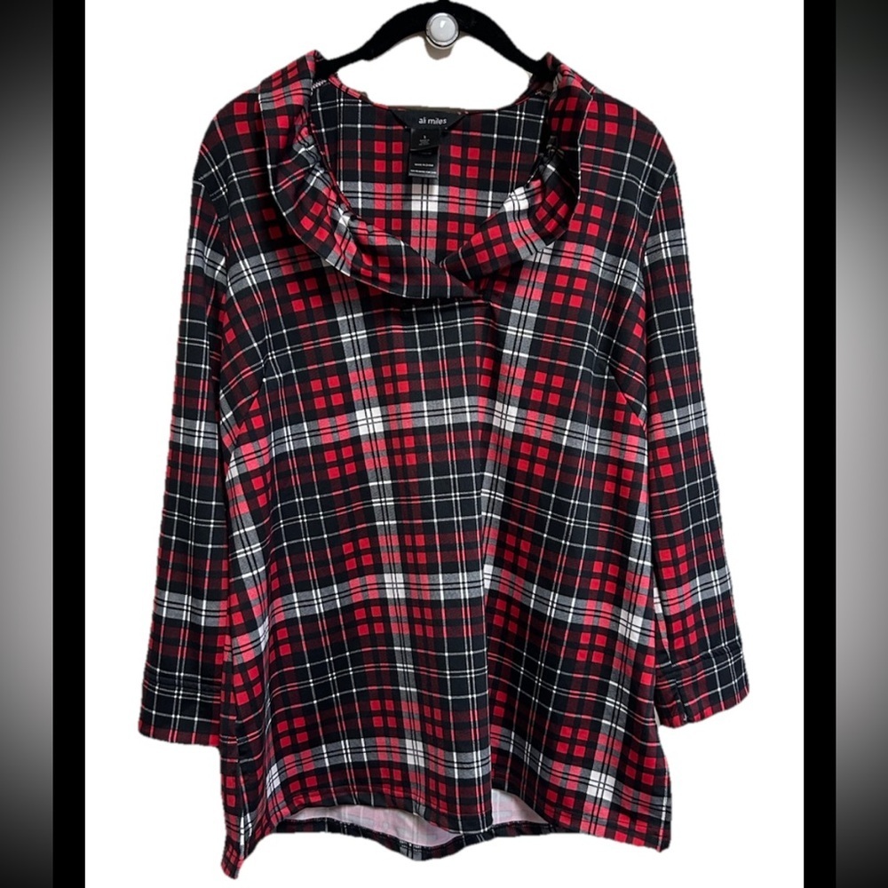 Ali Miles Tunic Top Size Small Red Tartan Plaid Ruffle Neck Ladenlook NEW